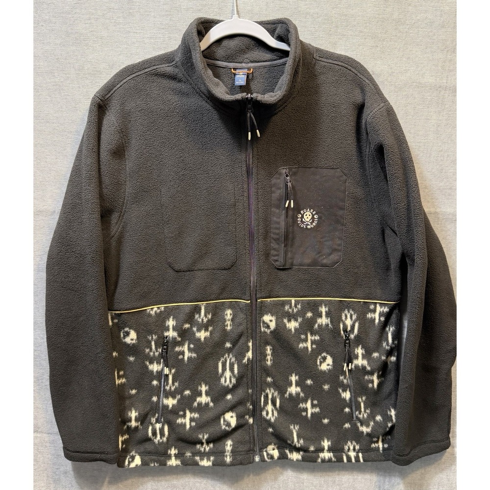 New Roark Landfall Fleece Jacket Black Ikigai Pattern Full Zip Mens Large